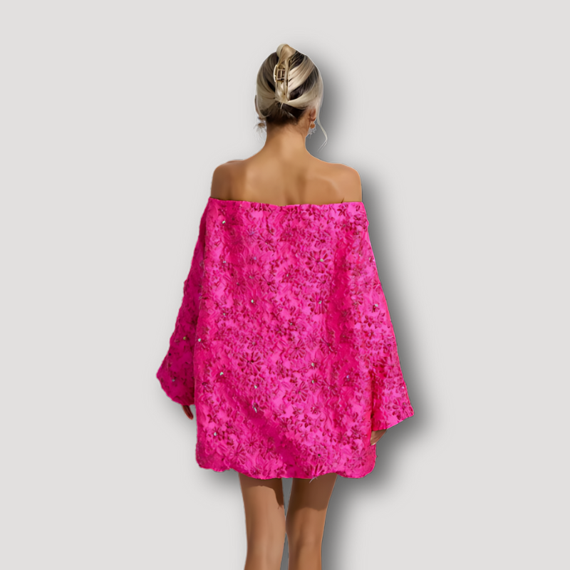 Hot Pink Floral Long Flared Sleeve Off Shoulder Dress Australia