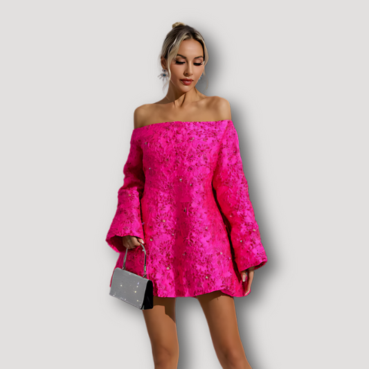 Hot Pink Floral Long Flared Sleeve Off Shoulder Dress Australia