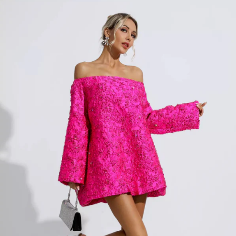 Hot Pink Floral Long Flared Sleeve Off Shoulder Dress Australia