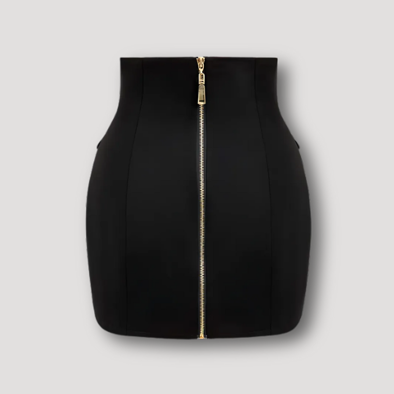 High Waisted Gold Button Detailing Black Mini Skirt