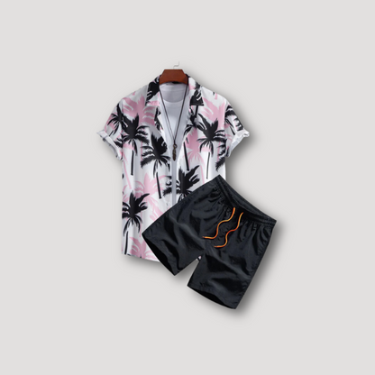 Lapel Button Up Hawaiian Shirt & Swim Shorts 2 Piece Sets