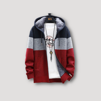 Color Blocked Zip Up Knit Hoodie Fleece Jacket