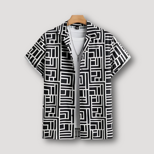 Geometric Maze Pattern Print Collar Button Up Shirt