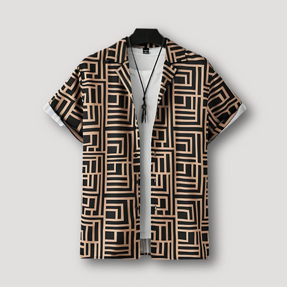 Geometric Maze Pattern Print Collar Button Up Shirt