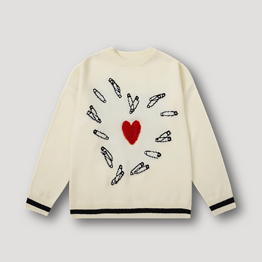 Safety Pins Heart Graphic Knit Pullover Sweater Women's