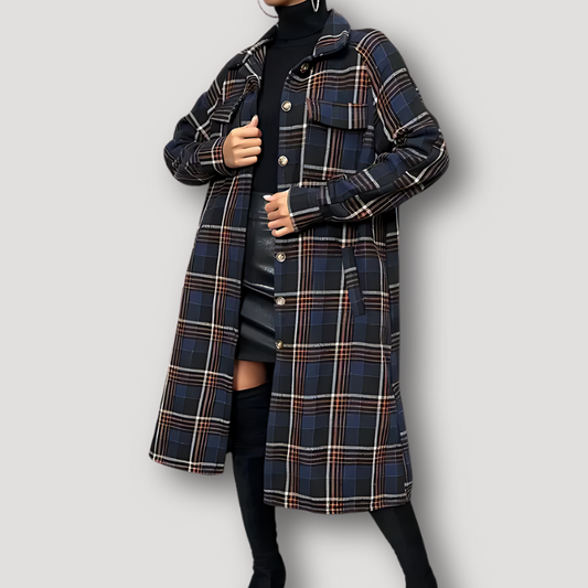 Dark Blue Plaid Flap Pocket Trench Coat Women Australia