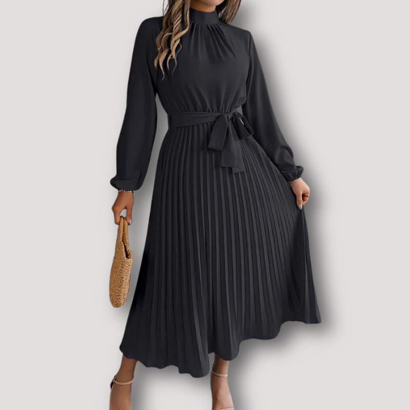 Stand Collar Tie Waist Pleated Midi Dress with Long Sleeve