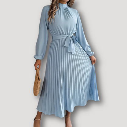 Stand Collar Tie Waist Pleated Midi Dress with Long Sleeve