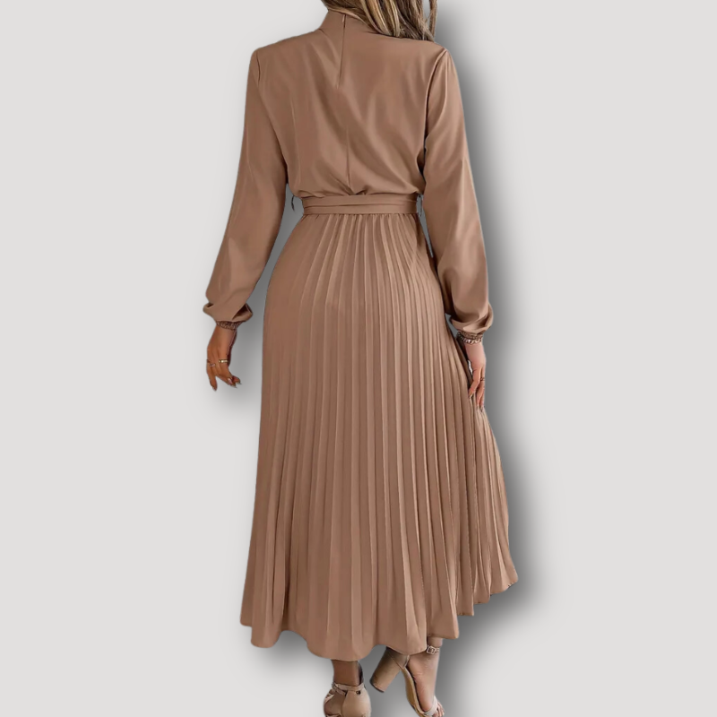 Stand Collar Tie Waist Pleated Midi Dress with Long Sleeve