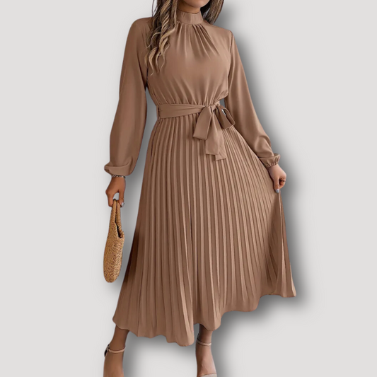 Stand Collar Tie Waist Pleated Midi Dress with Long Sleeve