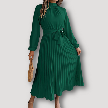 Stand Collar Tie Waist Pleated Midi Dress with Long Sleeve