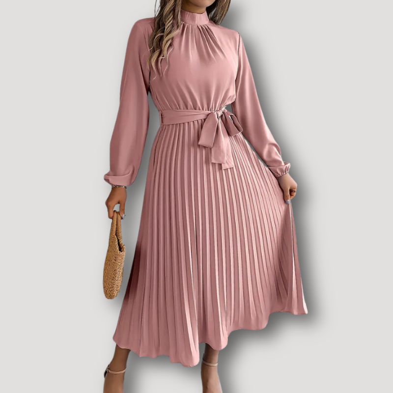 Stand Collar Tie Waist Pleated Midi Dress with Long Sleeve