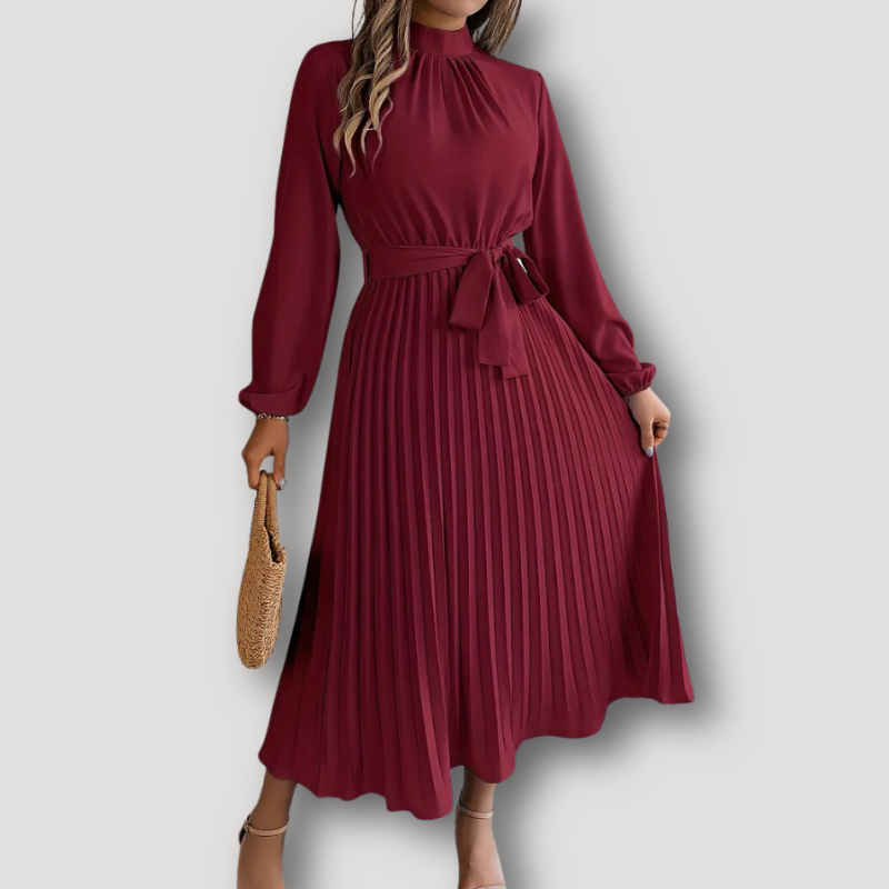 Stand Collar Tie Waist Pleated Midi Dress with Long Sleeve