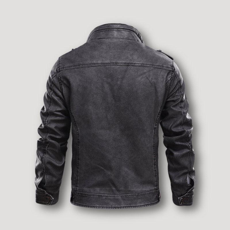 High Collar Zip Up Washed Black Leather Jacket Man