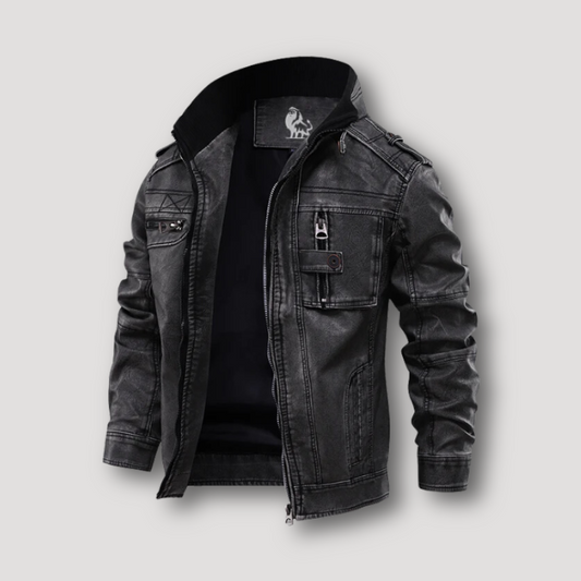 High Collar Zip Up Washed Black Leather Jacket Man