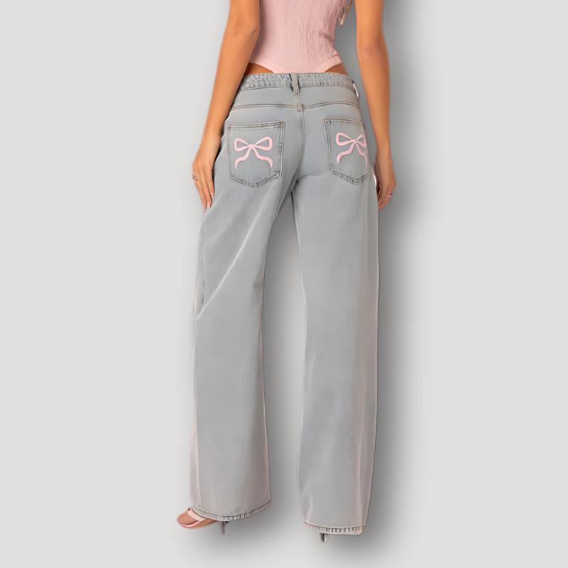 Pink Coquette Bow Embroidery Straight Leg Baggy Jeans Denim