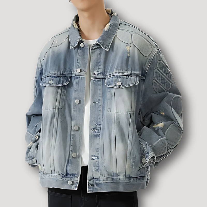 Men's Retro Denim Jacket, Y2k Ripped Hole Loose Outerwear