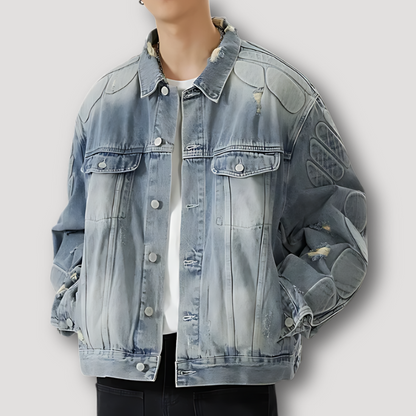 Men's Retro Denim Jacket, Y2k Ripped Hole Loose Outerwear