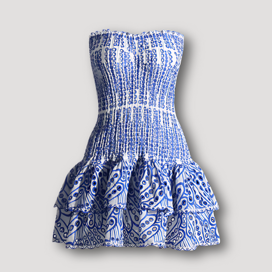 Fitted Smocked Eyelet Tiered Ruffle Strapless Summer Mini Dress