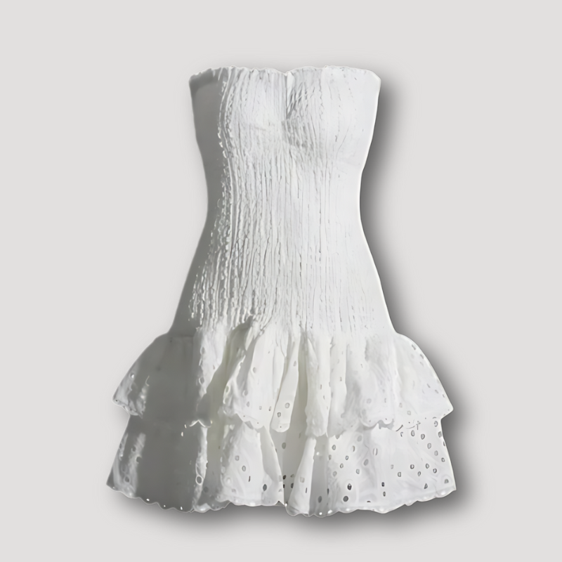 Fitted Smocked Eyelet Tiered Ruffle Strapless Summer Mini Dress