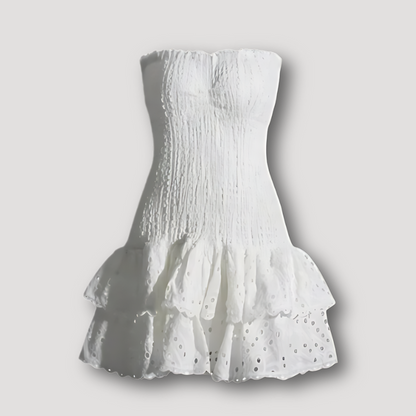 Fitted Smocked Eyelet Tiered Ruffle Strapless Summer Mini Dress