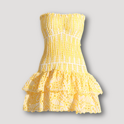 Fitted Smocked Eyelet Tiered Ruffle Strapless Summer Mini Dress