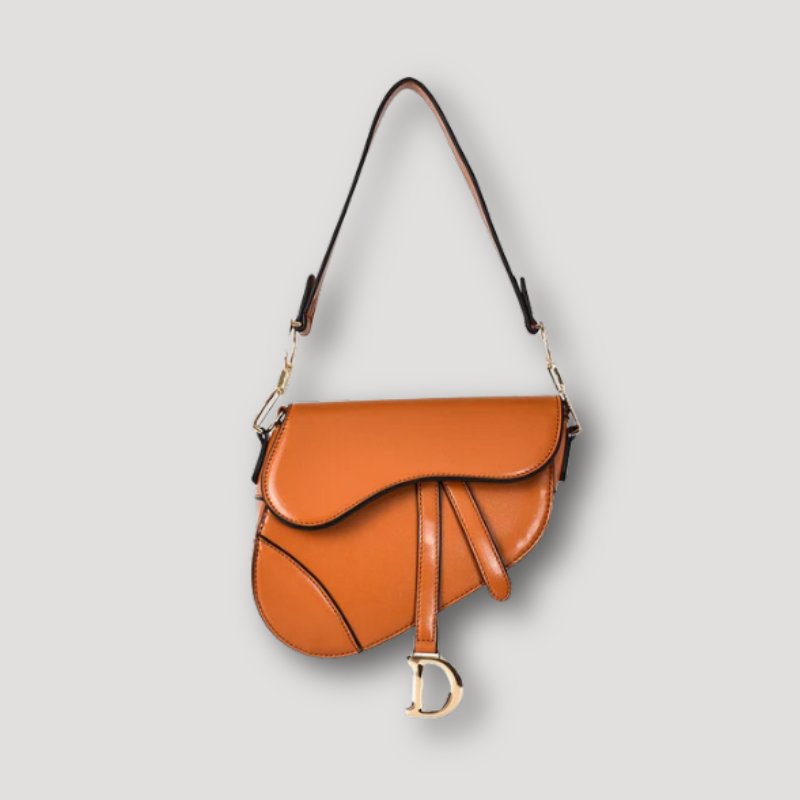 Designer Golden 'D' Pendant Wide Strap Leather Saddle Bags