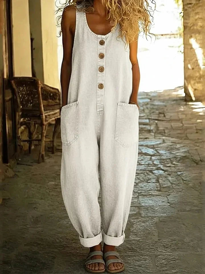 Vintage Washed Cotton Denim Overalls – Women – Relaxed Fit Wide Leg With Adjustable Straps