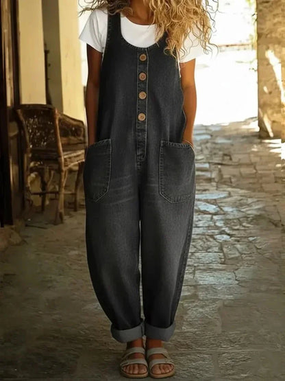 Vintage Washed Cotton Denim Overalls – Women – Relaxed Fit Wide Leg With Adjustable Straps