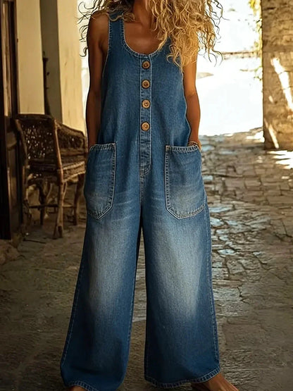 Vintage Washed Cotton Denim Overalls – Women – Relaxed Fit Wide Leg With Adjustable Straps