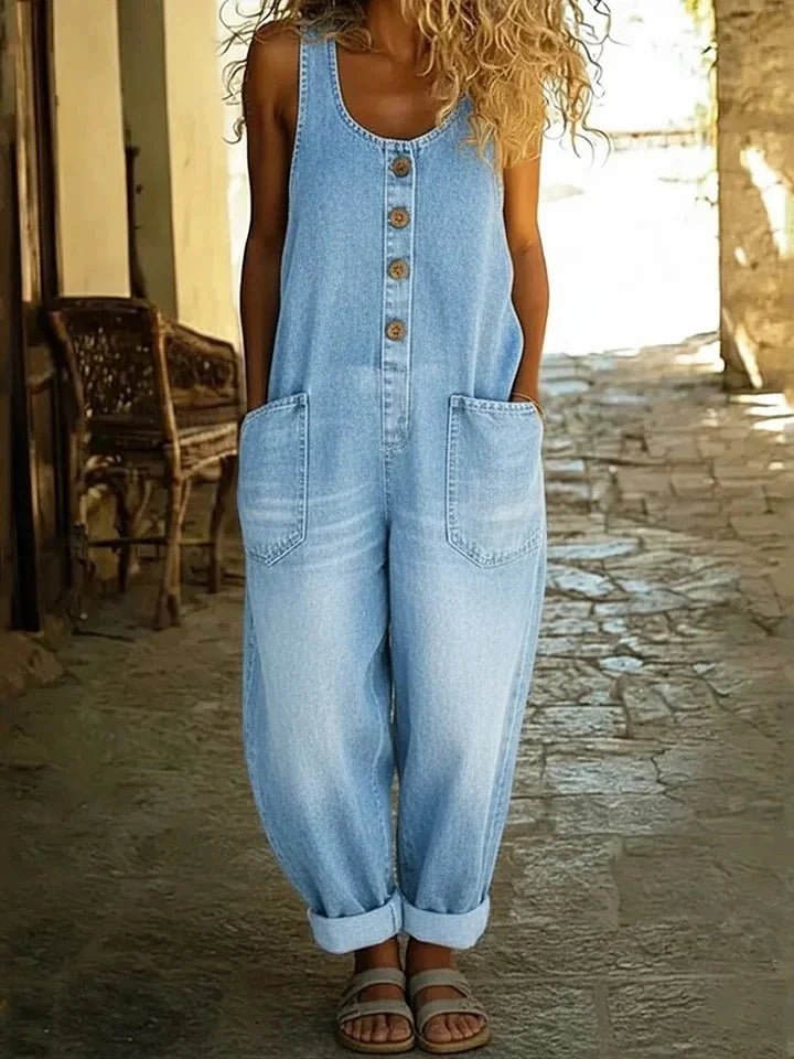 Vintage Washed Cotton Denim Overalls – Women – Relaxed Fit Wide Leg With Adjustable Straps