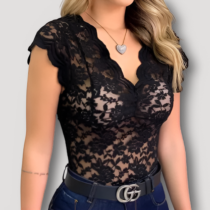 Floral Lace Sheer Sexy Tank Tops Cap Sleeve Slim Fitted Blouse Women