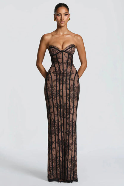 Off Shoulder Lace Maxi Dress Women – Sweetheart Neck – Burgundy Bodycon Evening Dress