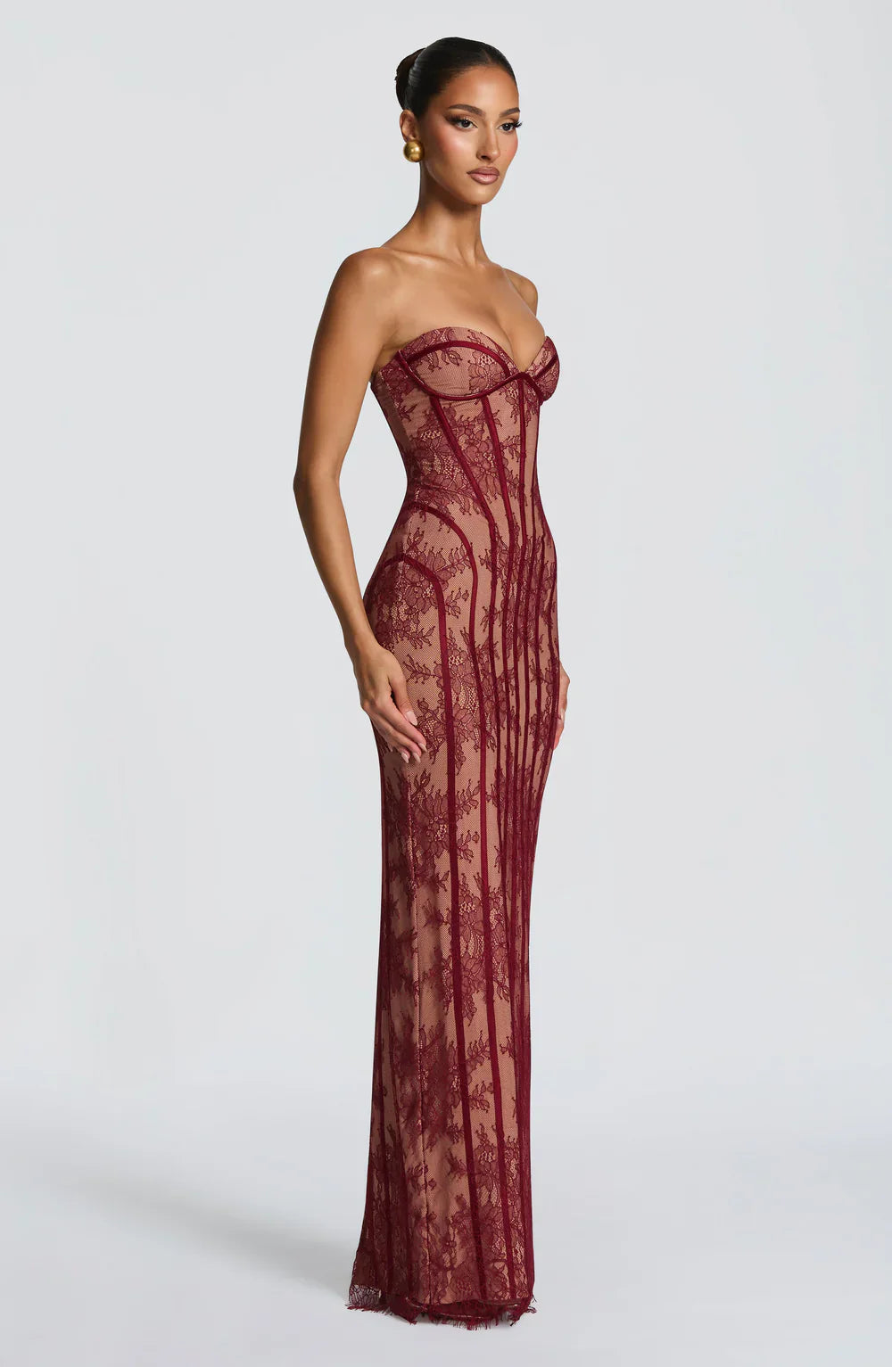 Off Shoulder Lace Maxi Dress Women – Sweetheart Neck – Burgundy Bodycon Evening Dress