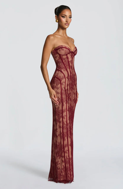Off Shoulder Lace Maxi Dress Women – Sweetheart Neck – Burgundy Bodycon Evening Dress