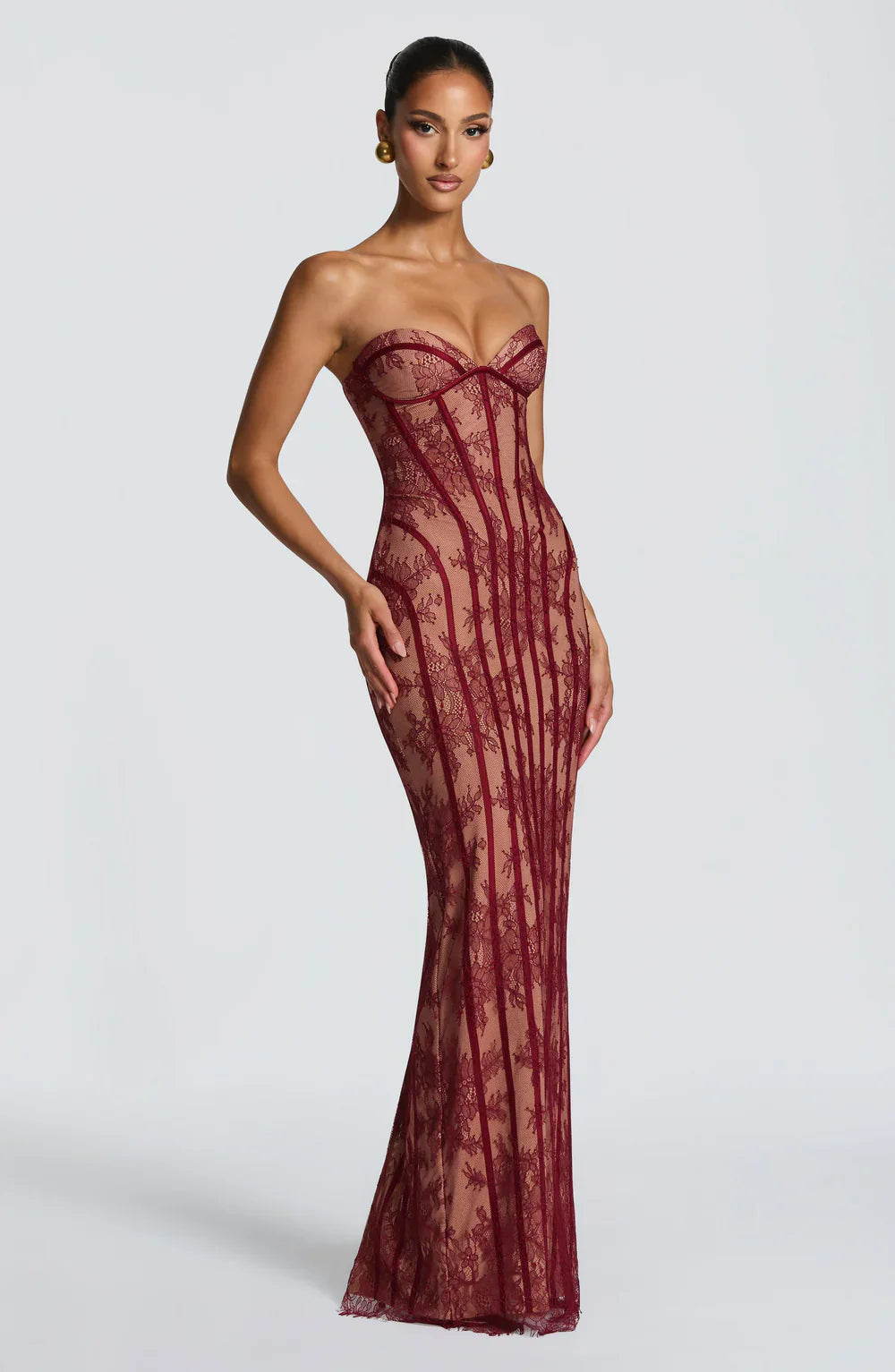Off Shoulder Lace Maxi Dress Women – Sweetheart Neck – Burgundy Bodycon Evening Dress