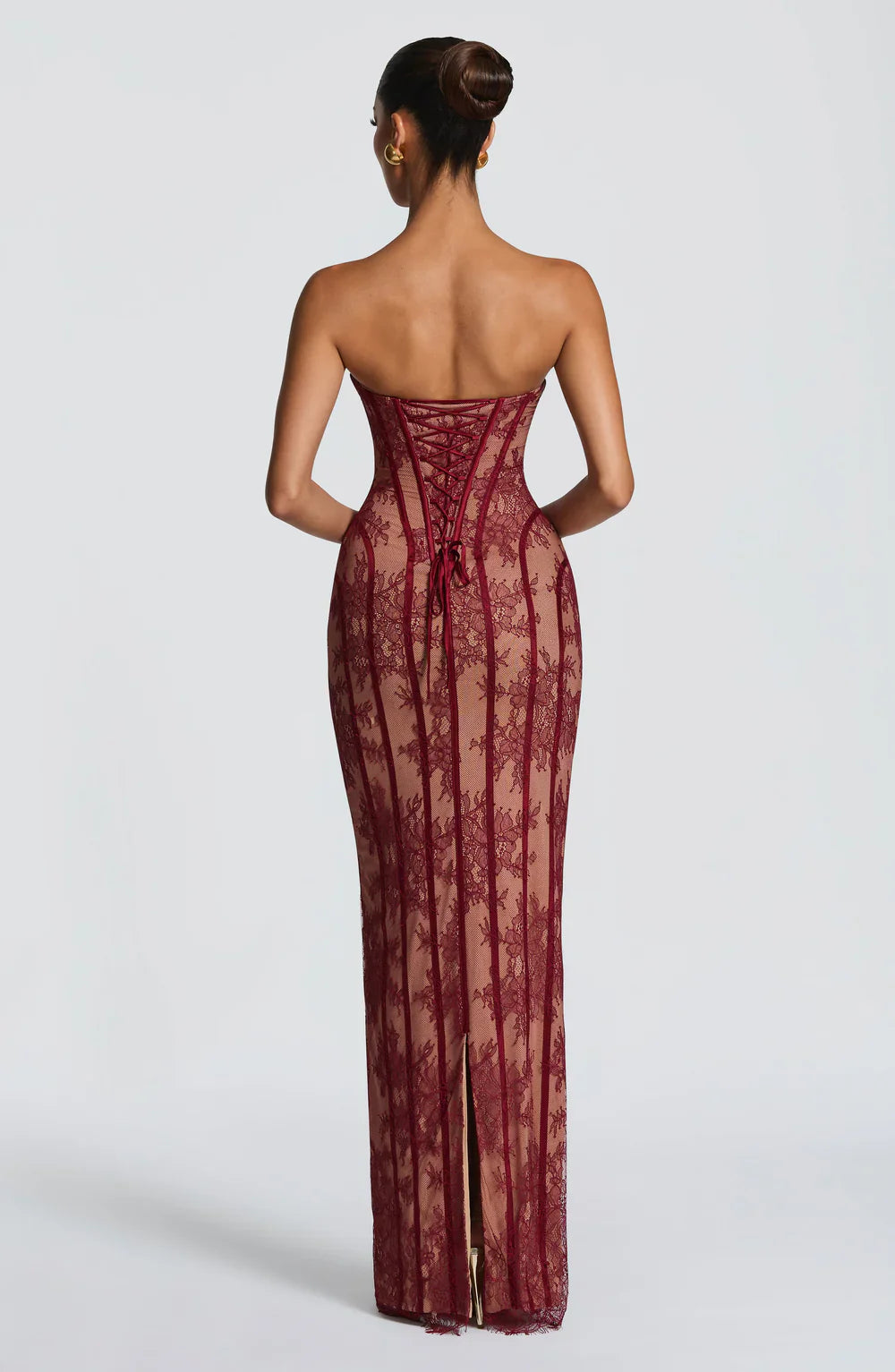 Off Shoulder Lace Maxi Dress Women – Sweetheart Neck – Burgundy Bodycon Evening Dress
