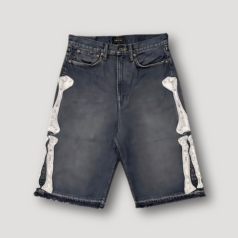 Hip Hop Bone Embroidery Faded Washed Denim Shorts Men