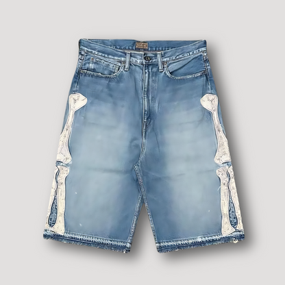 Hip Hop Bone Embroidery Faded Washed Denim Shorts Men