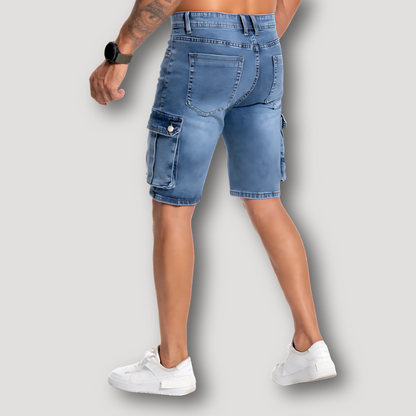 Blue Washed Mens Skinny Denim Cargo Shorts