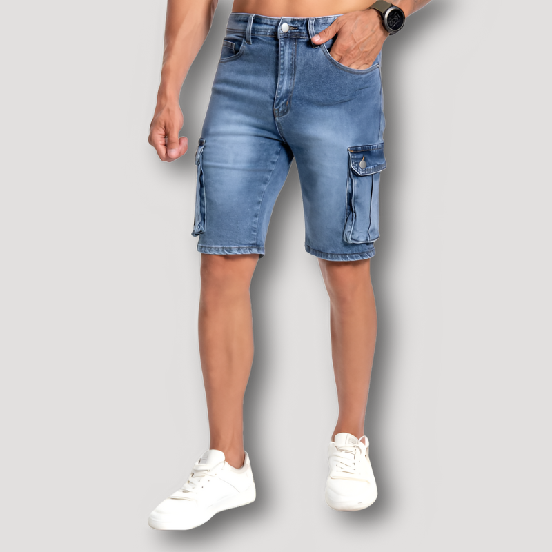 Blue Washed Mens Skinny Denim Cargo Shorts