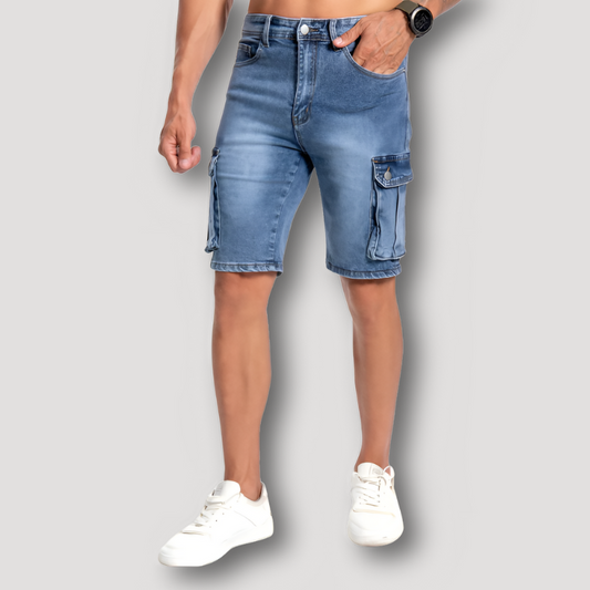 Blue Washed Mens Skinny Denim Cargo Shorts