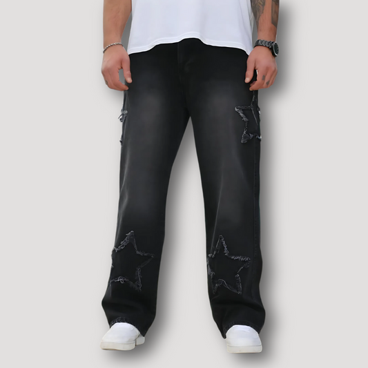 Star Embroidered Black Denim Jeans Men