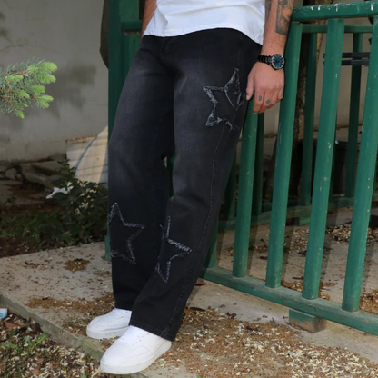 Star Embroidered Black Denim Jeans Men