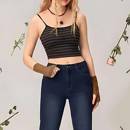 Spaghetti Strap Black Grey Stripe Cropped Camisole Top