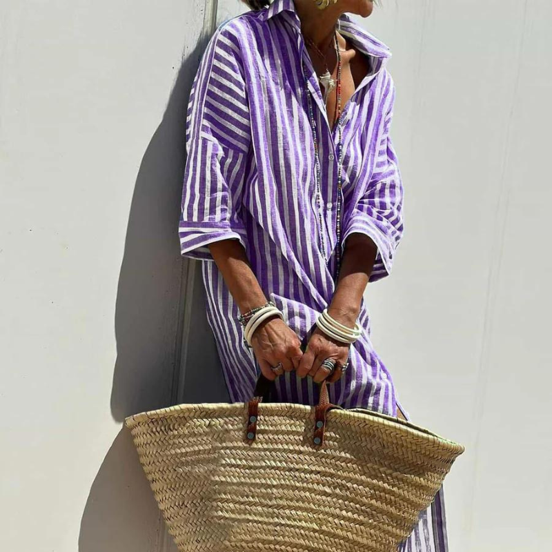 Casual Stripe Button Up Long Shirt Dress Women