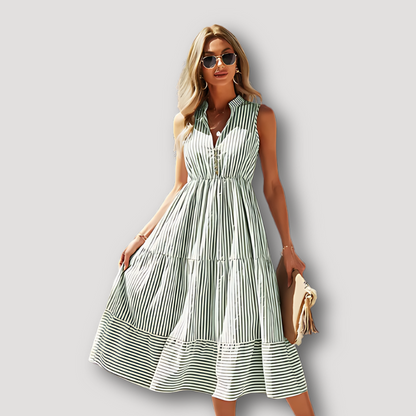 Classic Pin Stripe Sleeveless Henley Tiered Summer Dress Australia