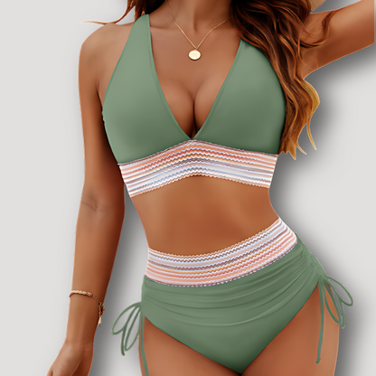 V-neck Rainbow Elastic Waistband Two Piece Swimsuit Bikini Set