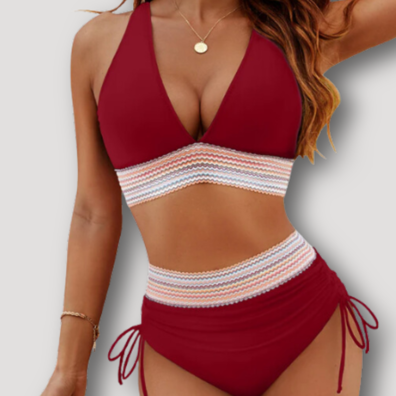 V-neck Rainbow Elastic Waistband Two Piece Swimsuit Bikini Set