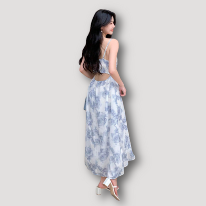 Flowy Soft Blue Floral Cowl Neckline Midi Boho Dress Australia